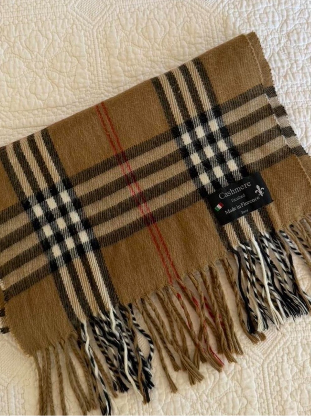 Plaid Camel Cashmere Scarf with Fringe